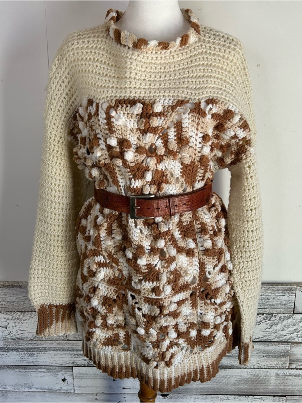 VINTAGE HANDMADE Unique Crochet Granny Square Tunic Length Sweater
